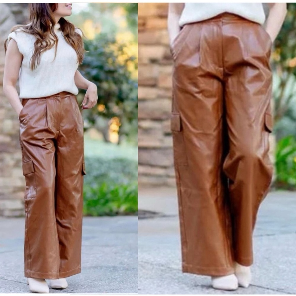 Anthropologie Twentysixhundred Brown faux leather cargo utility wide leg pants
